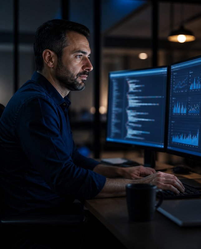 DBA analisando consultas SQL e gráficos de monitoramento em dois monitores