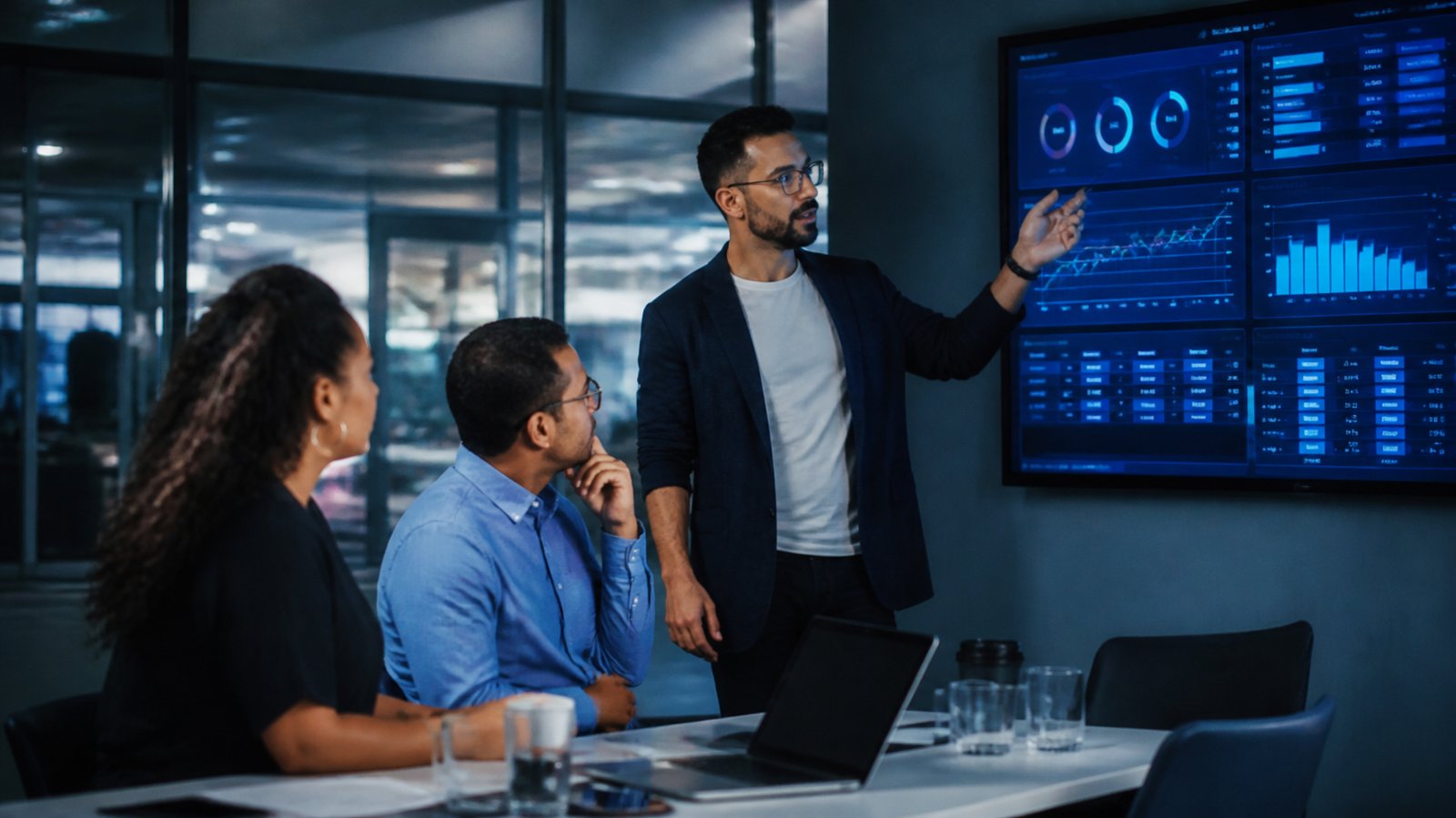 Equipe analisando dashboards de performance de banco de dados em uma reunião