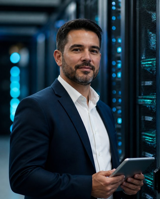 Consultor da DAGTECH em um data center segurando um tablet
